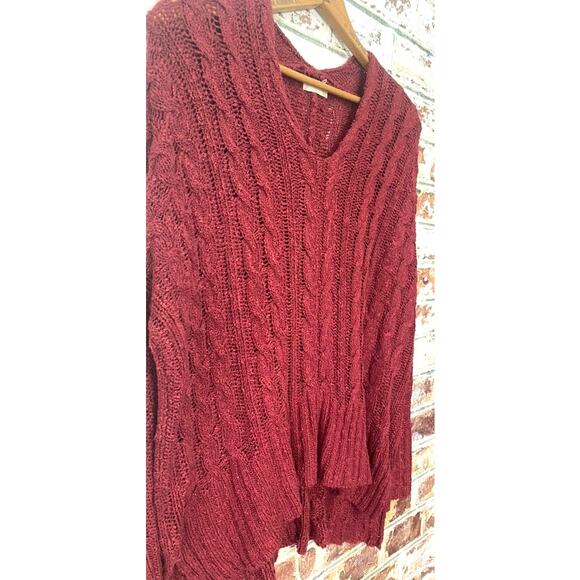 Altar'd State Rasberry Red Oversized Chunky V-Neck Knit Hi-Low Tunic Sweater - Picture 3 of 9